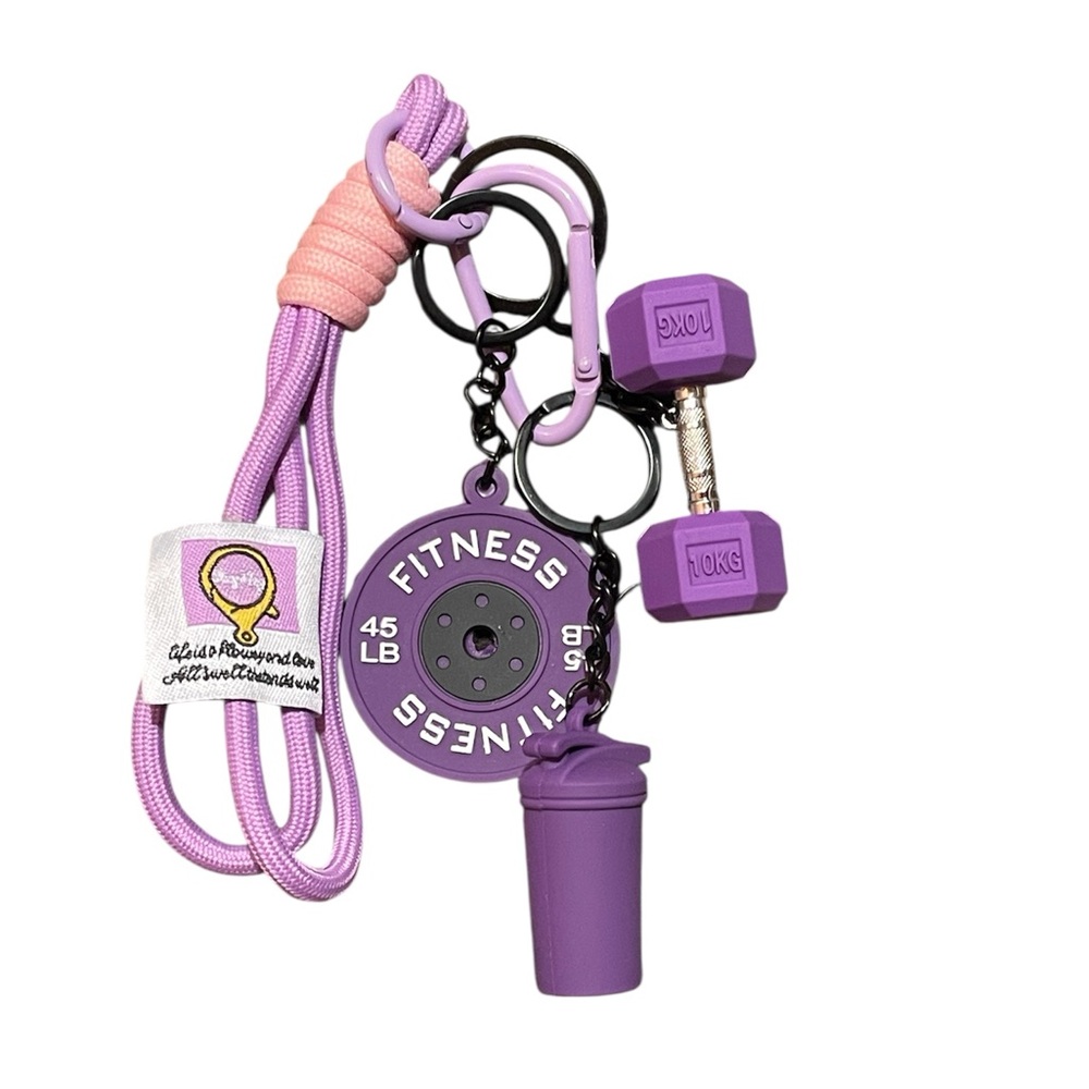 Purple Fitness Keychain Charm Set - Dumbbell, Plate & Shaker